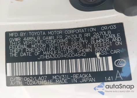 2004 Lexus Es 330 from USA, damaged, VIN JTHBA30G945004642